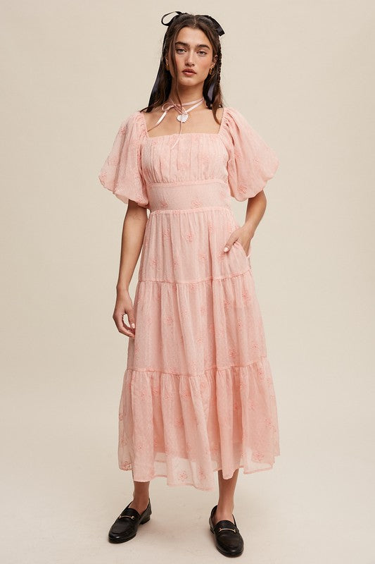 FLOWER EMBROIDERED PUFF SLEEVE TIERED MAXI DRESS