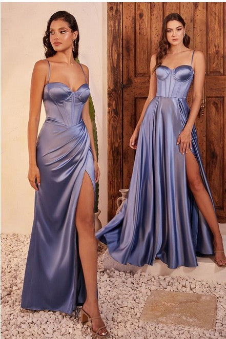 FITTED SATIN BUSTIER DRAPED GOWN