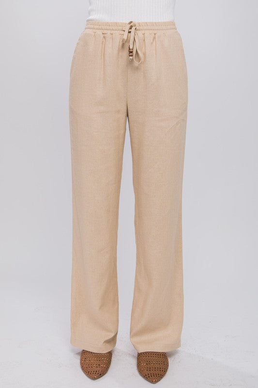 LINEN DRAWSTRING WAIST LONG PANTS WITH POCKETS