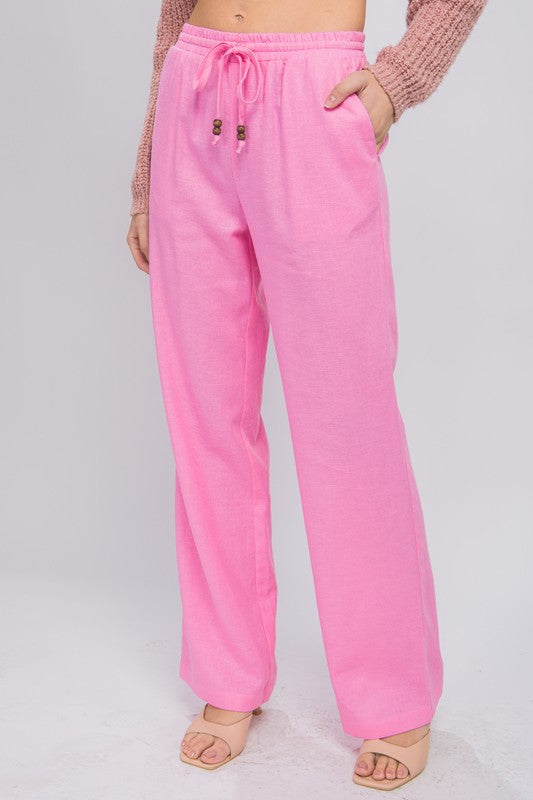 LINEN DRAWSTRING WAIST LONG PANTS WITH POCKETS