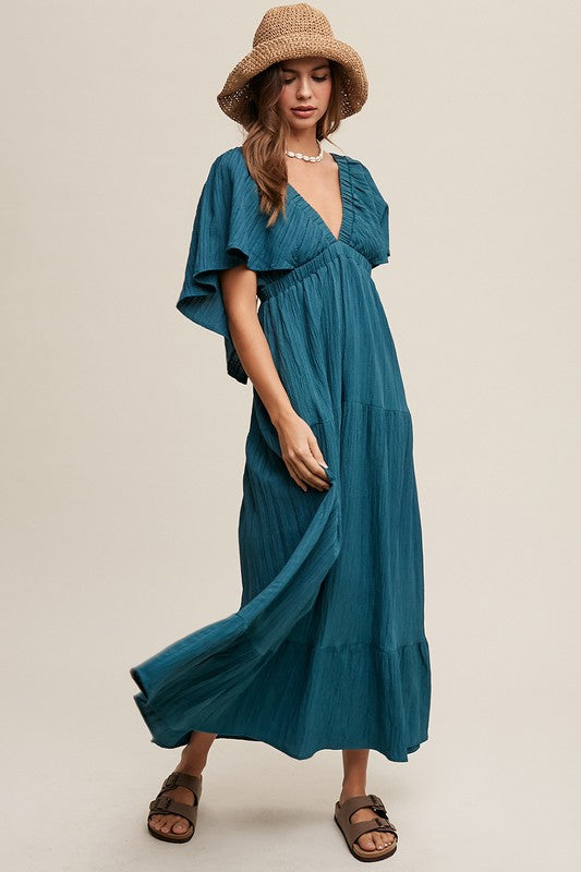 V-NECK RUFFLE SLEEVE MAXI DRESS