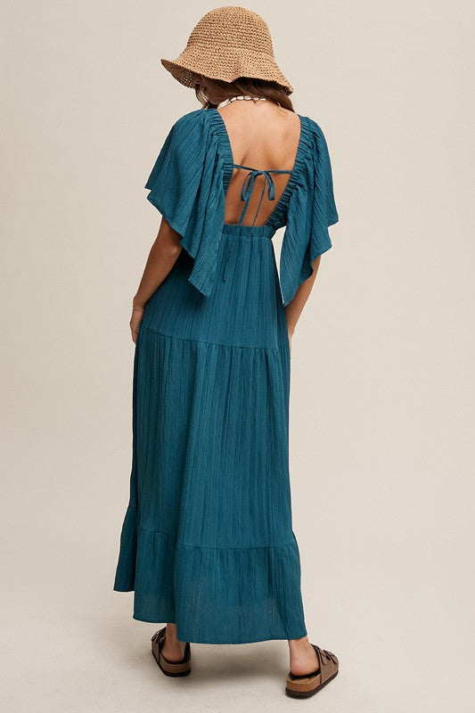 V-NECK RUFFLE SLEEVE MAXI DRESS