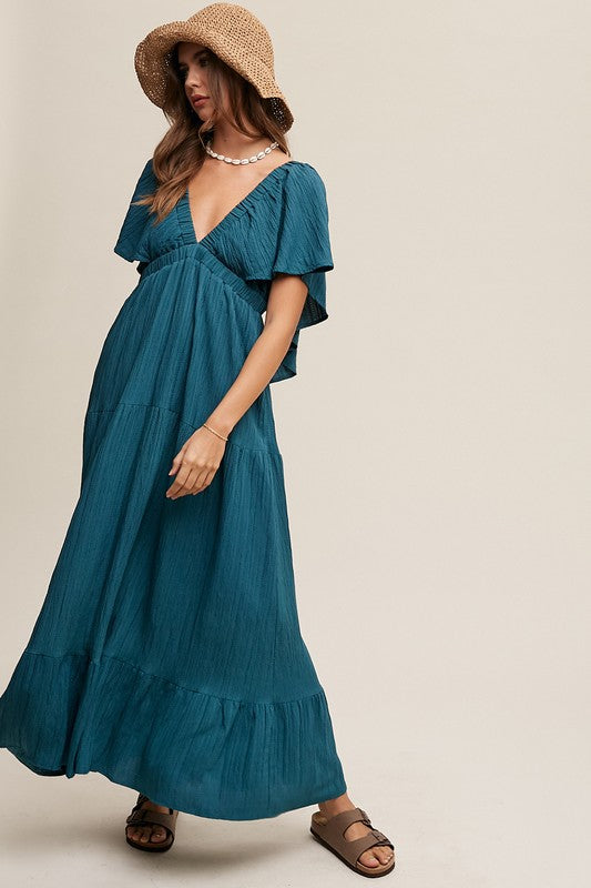 V-NECK RUFFLE SLEEVE MAXI DRESS