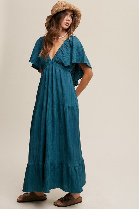 V-NECK RUFFLE SLEEVE MAXI DRESS