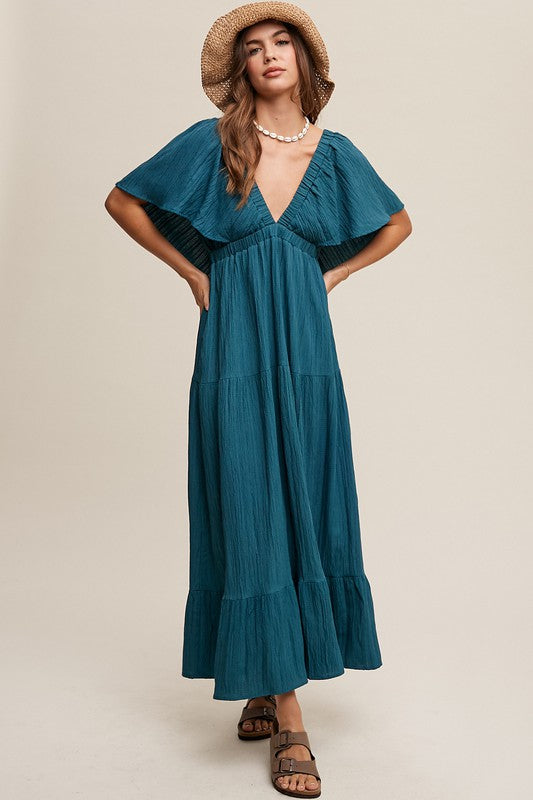 V-NECK RUFFLE SLEEVE MAXI DRESS