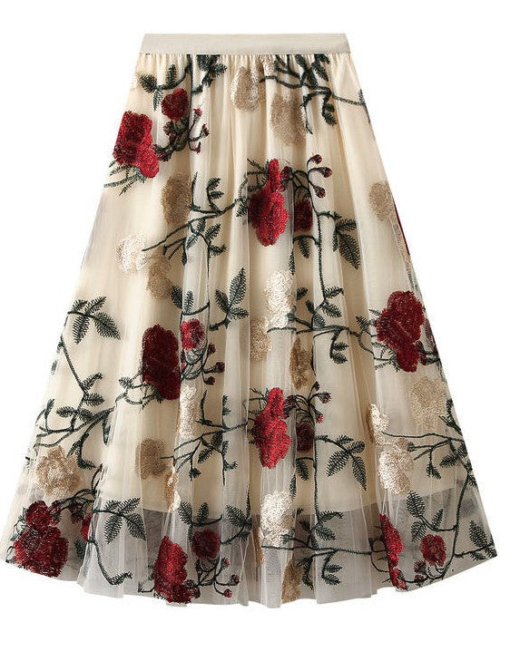ROSE PRINT MIDI SKIRT
