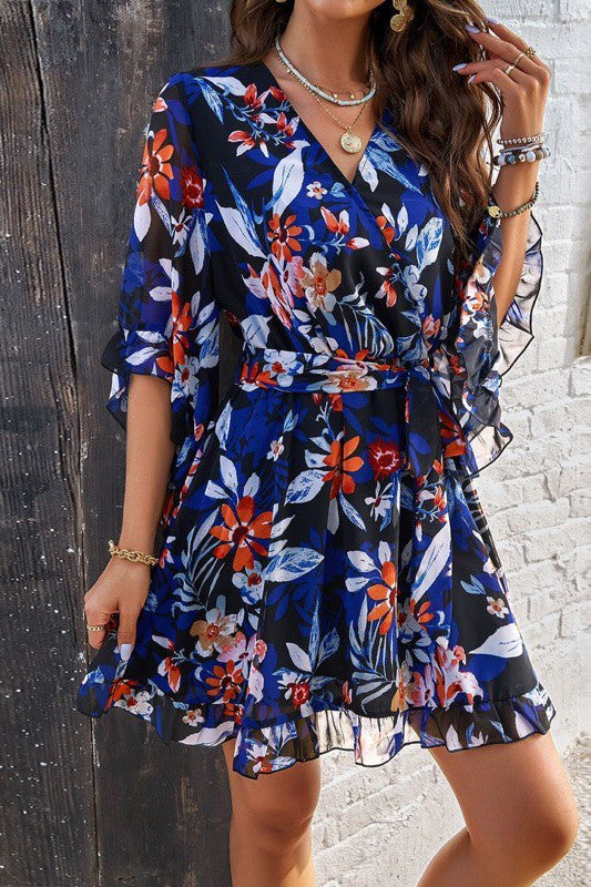 FLORAL FAUX WRAP DRESS