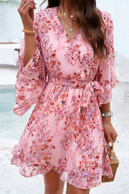 FLORAL FAUX WRAP DRESS