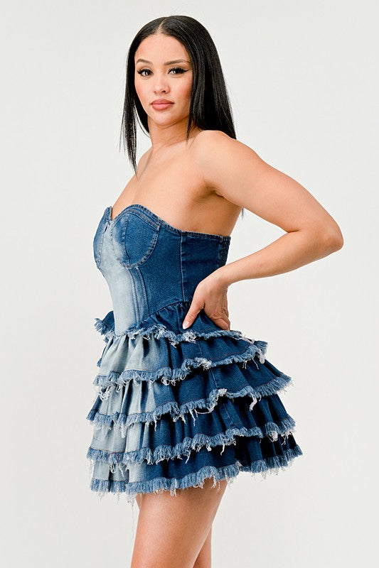 DENIM DELIGHT TIERED RUFFLE DRESS