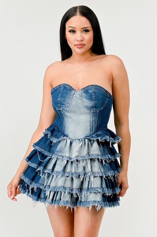 DENIM DELIGHT TIERED RUFFLE DRESS