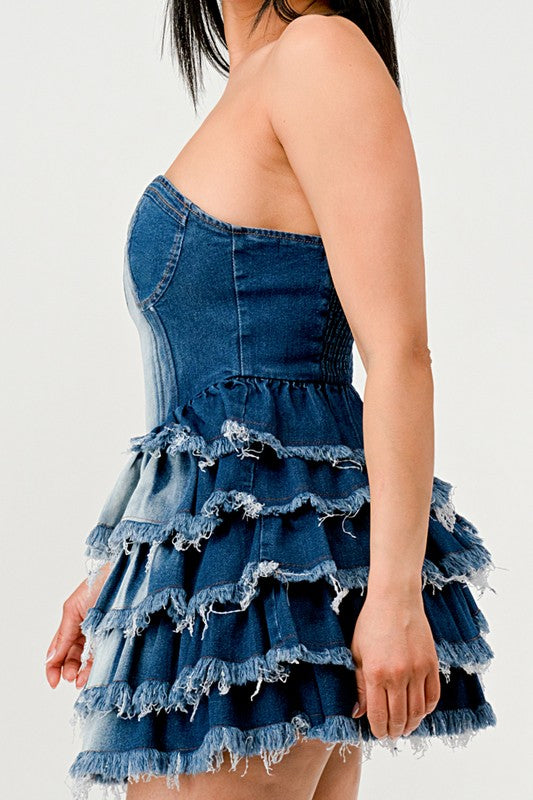 DENIM DELIGHT TIERED RUFFLE DRESS