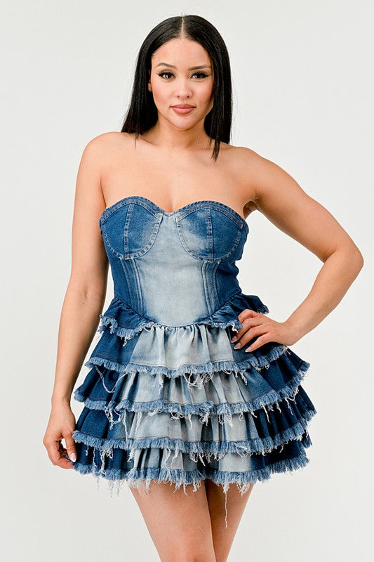 DENIM DELIGHT TIERED RUFFLE DRESS