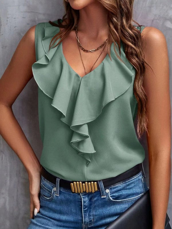 V-NECK RUFFLE TOP