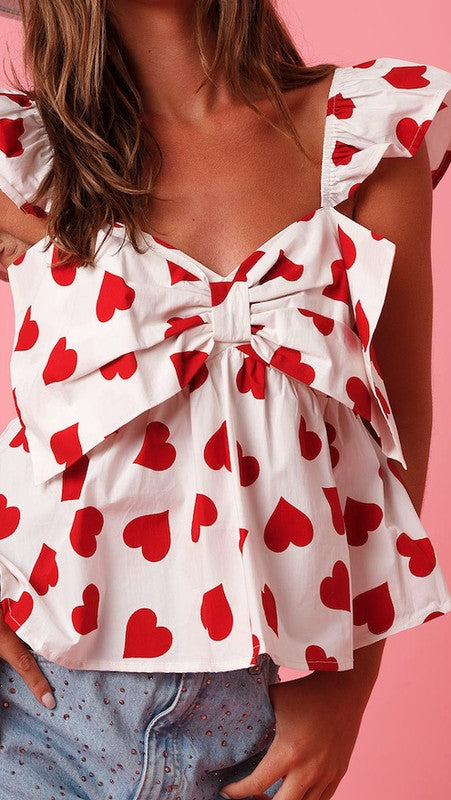 ALL OVER HEART BOW V-NECK TOP