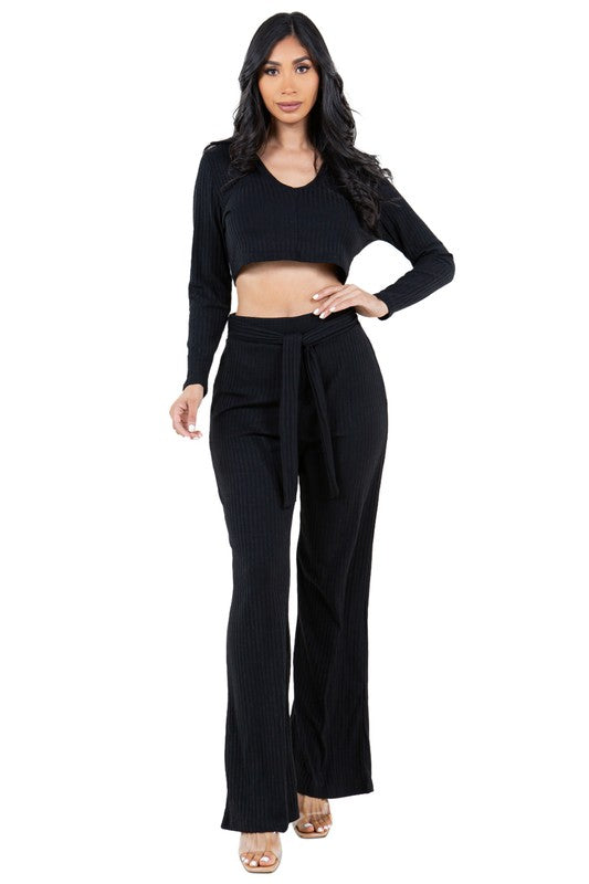 LONG SLEEVE CROP TOP AND WIDE LEG PANTS SET