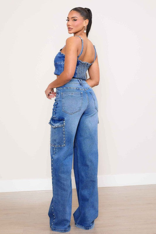 PEARL HIGH-RISE WIDE LEG CARGO JEANS