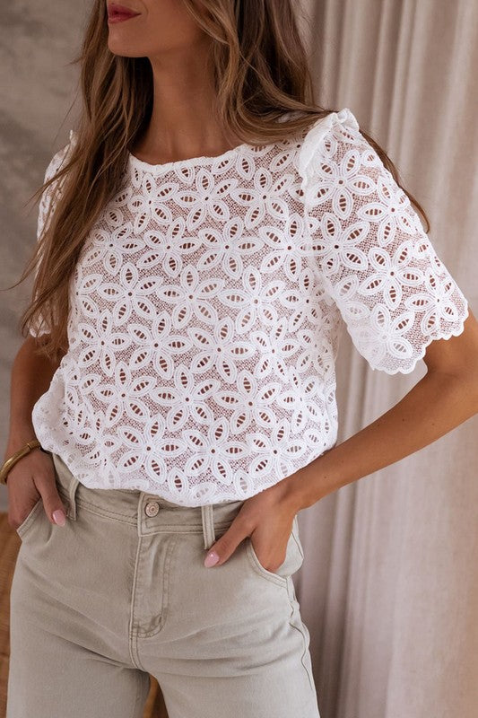 CROCHET LACE FLOWER EMBROIDERED HALLOWED BLOUSE