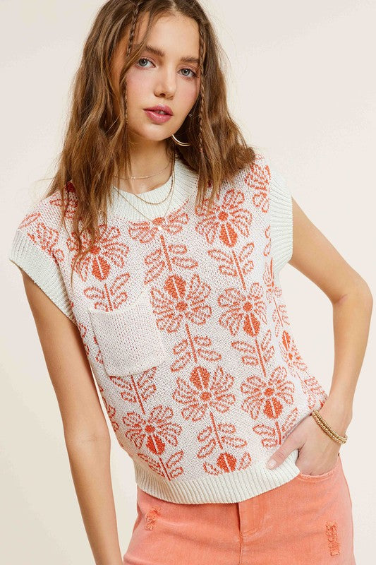 FLOWER PATTERN SLEEVELESS SWEATER TOP