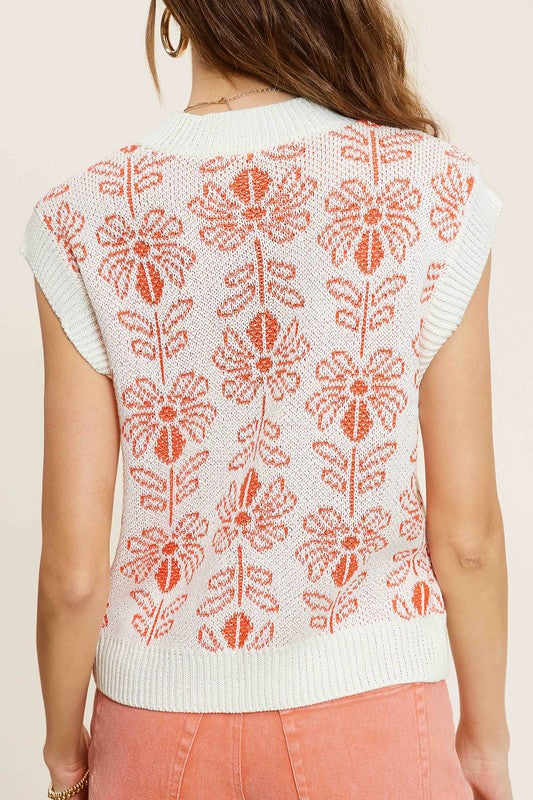 FLOWER PATTERN SLEEVELESS SWEATER TOP