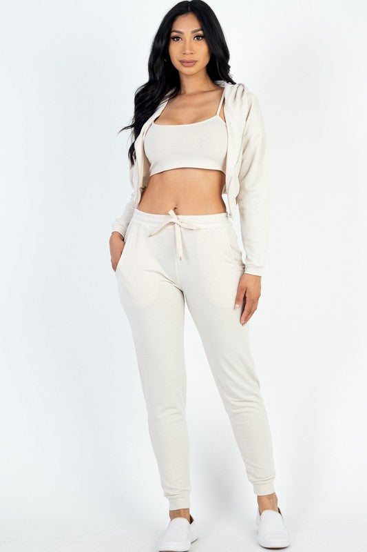 CROPPED CAMI WITH ZIP-UP JACKET AND JOGGERS SET