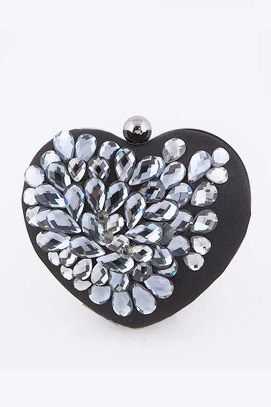 CRYSTAL FLOWER STATEMENT SATIN HEART SHAPE AND CLUTCH