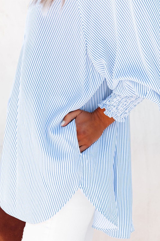 STRIPE SMOCKED SHIRRED OVERSIZED SHIRT BLOUSE