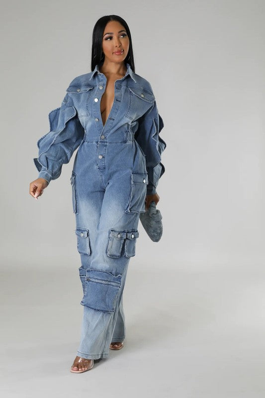 ATHINA DENIM CARGO RUFFLE SLEEVE JUMPSUIT