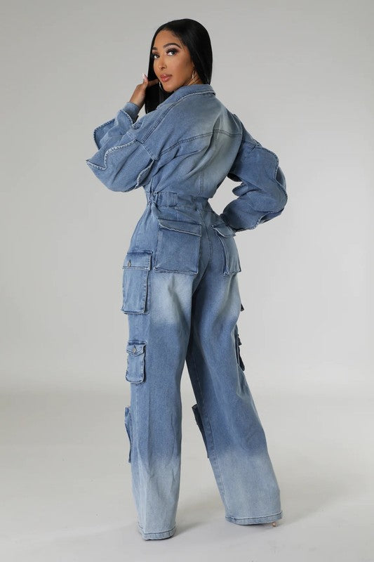 ATHINA DENIM CARGO RUFFLE SLEEVE JUMPSUIT