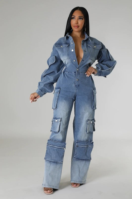 ATHINA DENIM CARGO RUFFLE SLEEVE JUMPSUIT