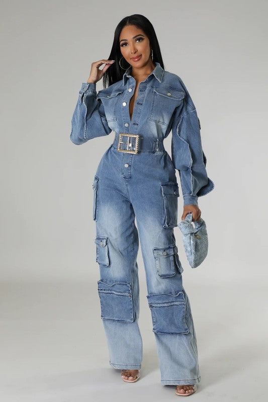 ATHINA DENIM CARGO RUFFLE SLEEVE JUMPSUIT