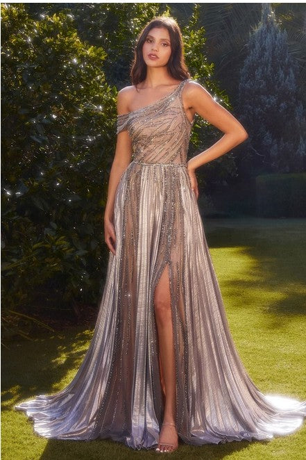 ONE SHOULDER METALLIC PLEATED GOWN