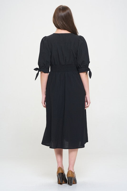 3/4 PUFF SLV TEXTURE VNECK BUTTON DOWN MIDI DRESS