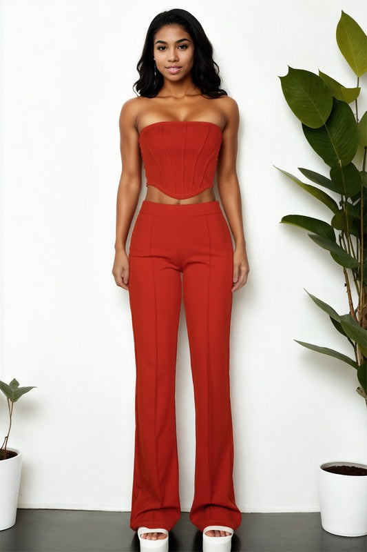 STRAPLESS CORSET TOP & FLARE PANTS SET