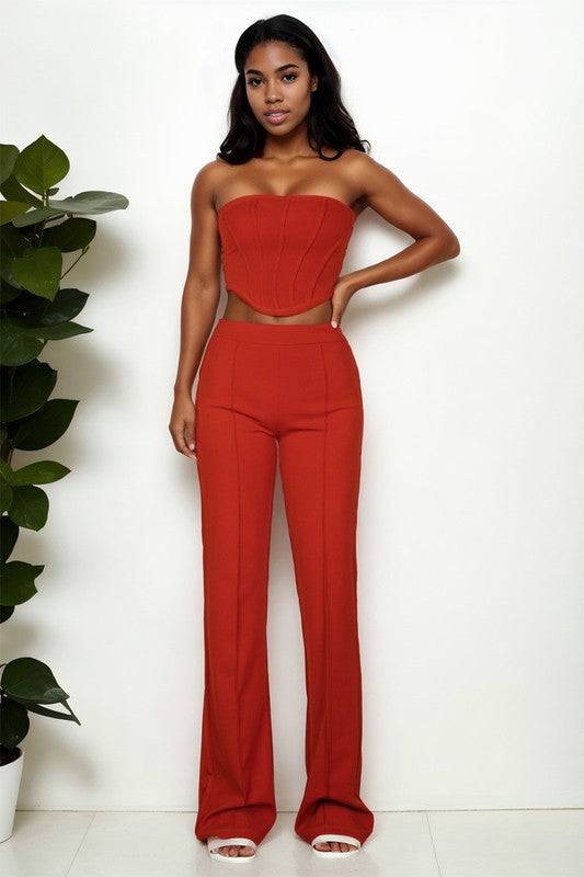 STRAPLESS CORSET TOP & FLARE PANTS SET