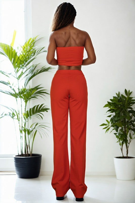 STRAPLESS CORSET TOP & FLARE PANTS SET