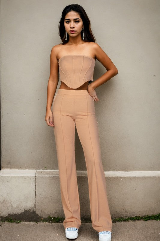 STRAPLESS CORSET TOP & FLARE PANTS SET