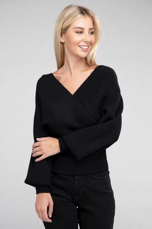 VISCOSE CROSS WRAP PULLOVER SWEATER