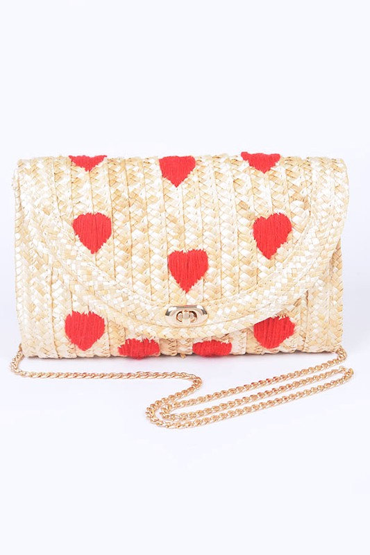 HEART PATTERN STRAW CONVERTIBLE CLUTCH BAG