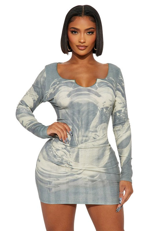 LONG SLEEVE PRINTED MINI DRESS