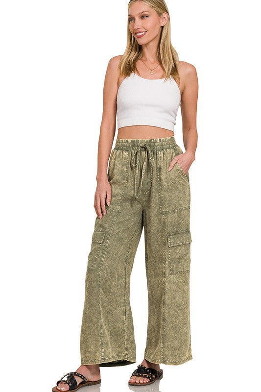 WASHED LINEN ELASTIC WAISTBAND CARGO PANTS