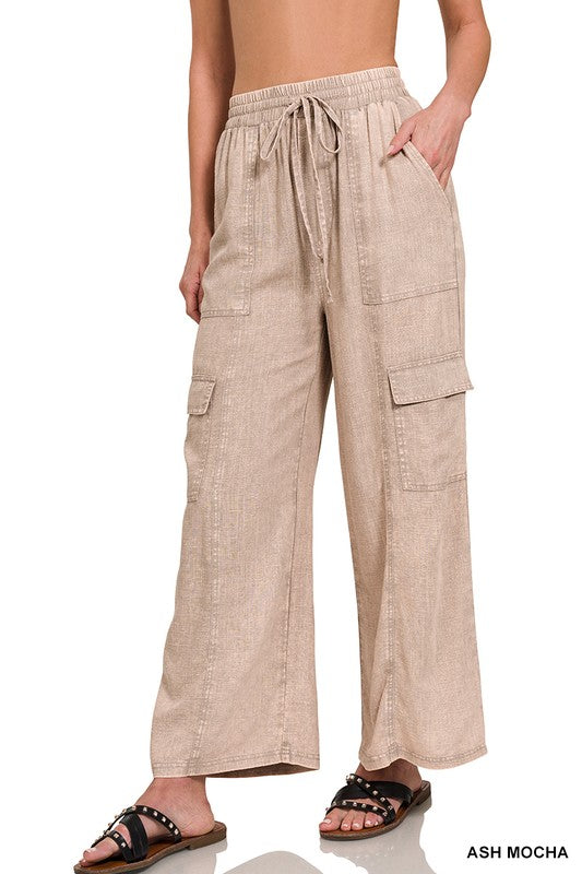 WASHED LINEN ELASTIC WAISTBAND CARGO PANTS