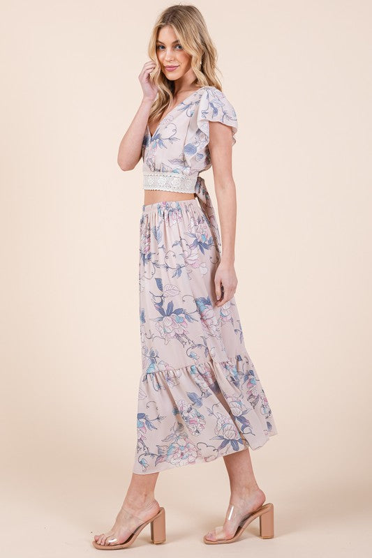 FLORAL PRINT SKIRT SET WITH TIE BACK BLOUSE