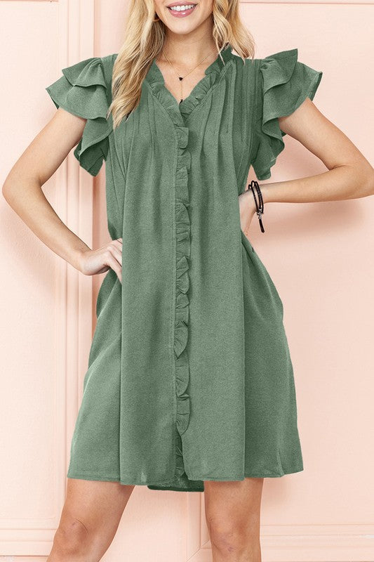 RUFFLE SLEEVE V NECK MINI DRESS WITH POCKETS