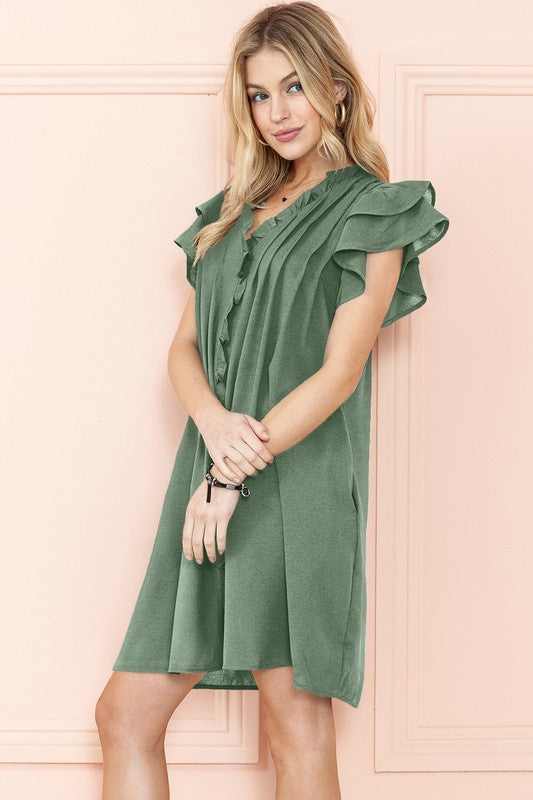 RUFFLE SLEEVE V NECK MINI DRESS WITH POCKETS