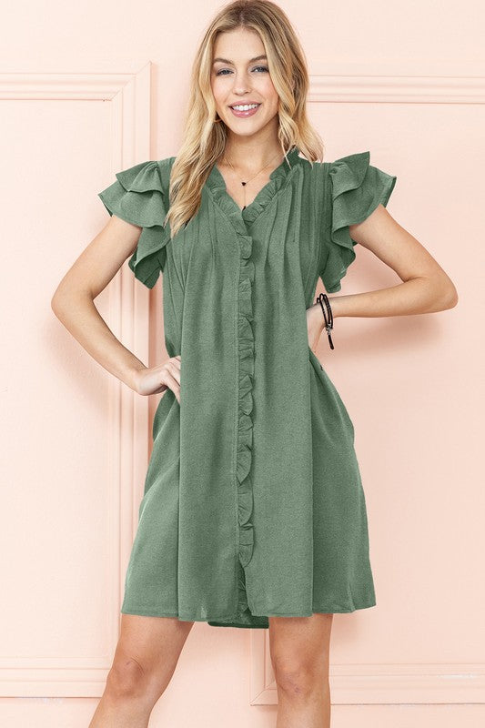 RUFFLE SLEEVE V NECK MINI DRESS WITH POCKETS