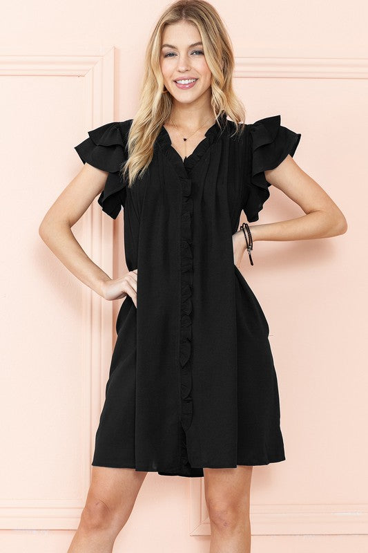 RUFFLE SLEEVE V NECK MINI DRESS WITH POCKETS