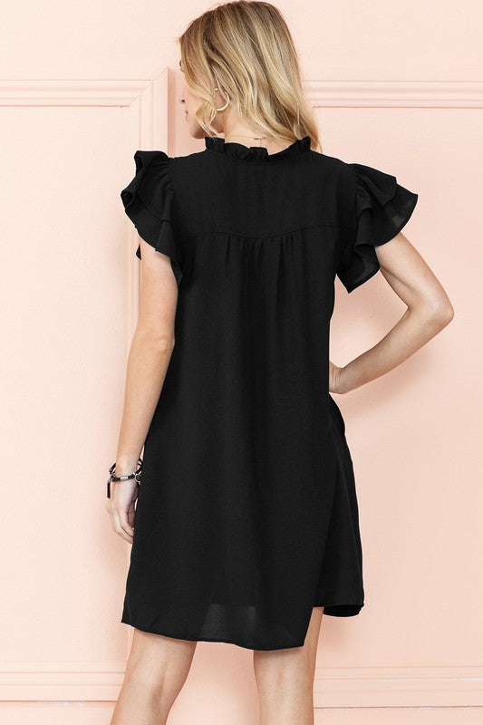 RUFFLE SLEEVE V NECK MINI DRESS WITH POCKETS