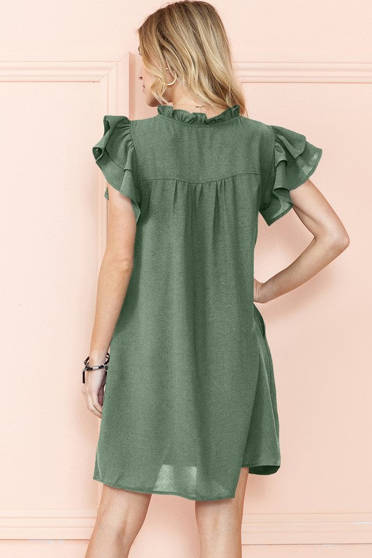 RUFFLE SLEEVE V NECK MINI DRESS WITH POCKETS