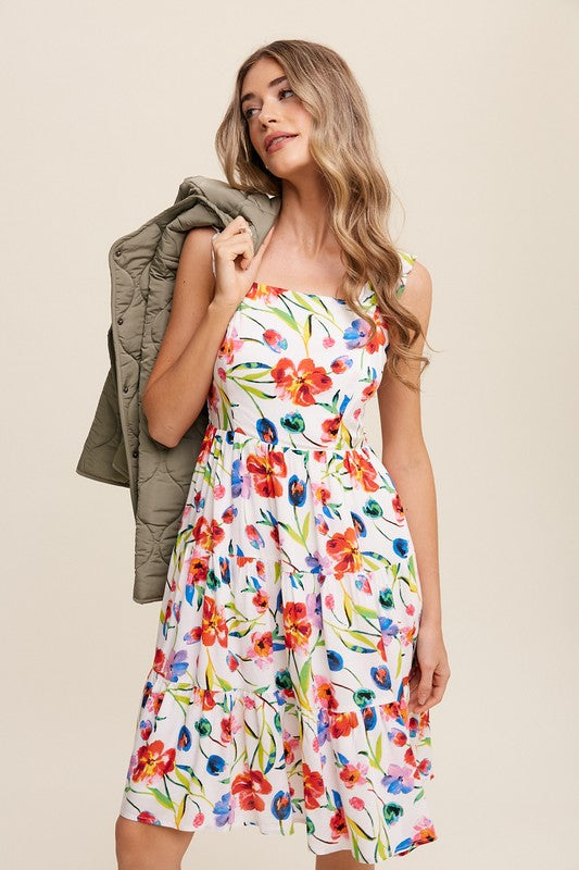 FLOWER PRINT SQUARE NECK DRESS