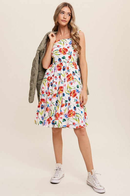 FLOWER PRINT SQUARE NECK DRESS